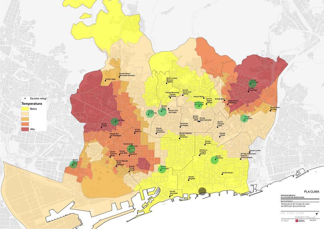 Map showing the difference of air temperature per city district as compared to the average air temperature of Barcelona