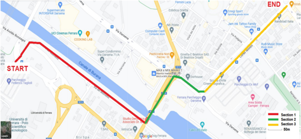 Figure 2 - Localisation and sections of the Smart Bike Lane. Source: D8.4.2 “Civil works terminated”, WP8, E.Mainardi