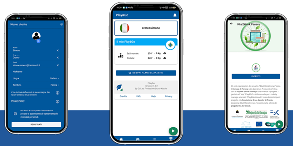 Figure 4 - Web application Homepage and Trip tracking view of the Ferrara Bike2Work campaign [new version]. Source: https://playngo.it/portfolio-articoli/playgo-aziende/ 
