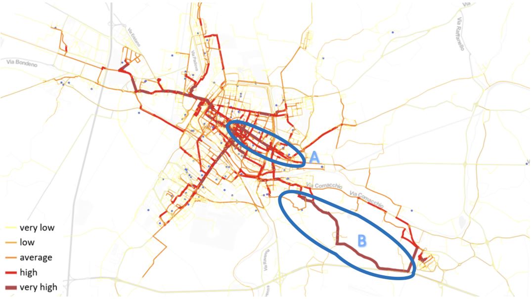 Figure 5 -Map of BIKE2WORK commuters in Ferrara. Source: Bucchiarone et. al, 2022