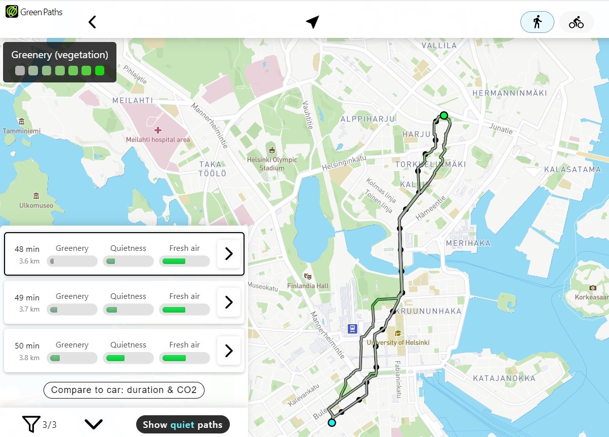 View of the user interface of the Green Paths routing tool (Source: HOPE)