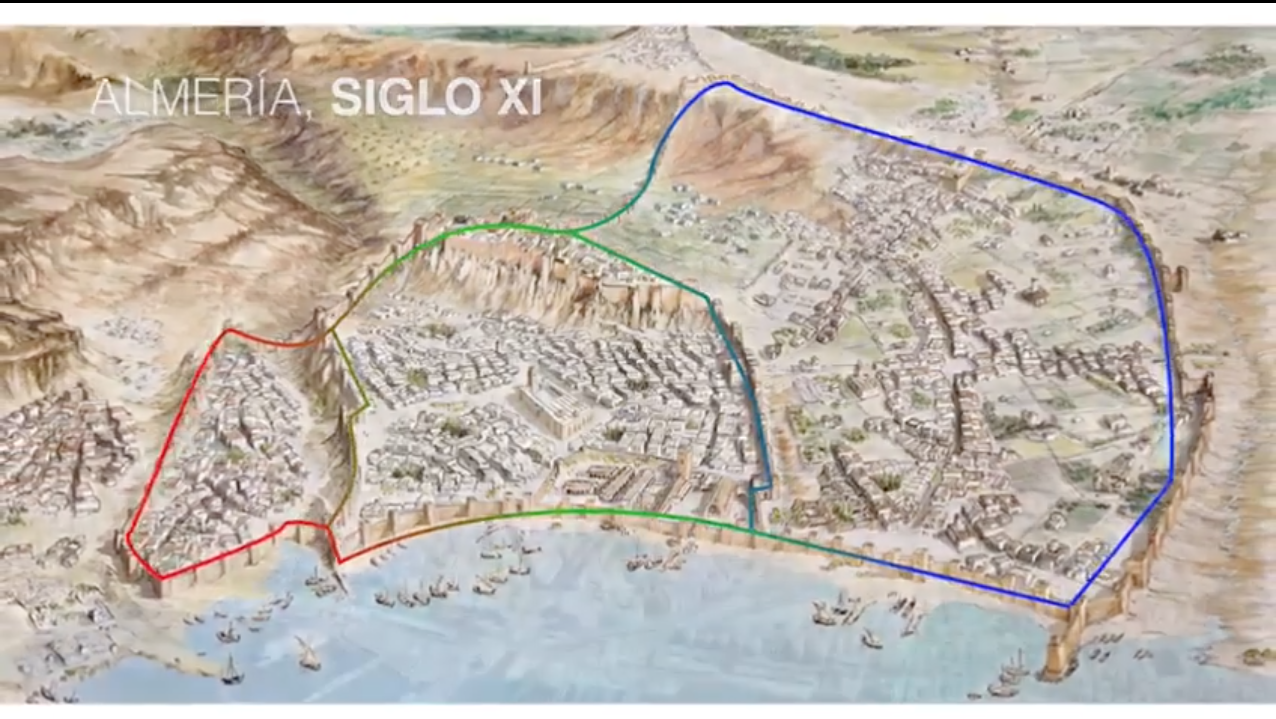 Almería, XI secle, the walls divided the three neighbourhoods – La Chanca, Almedina and the Centre  source: screenshot from the promotional video “CAMINA” 