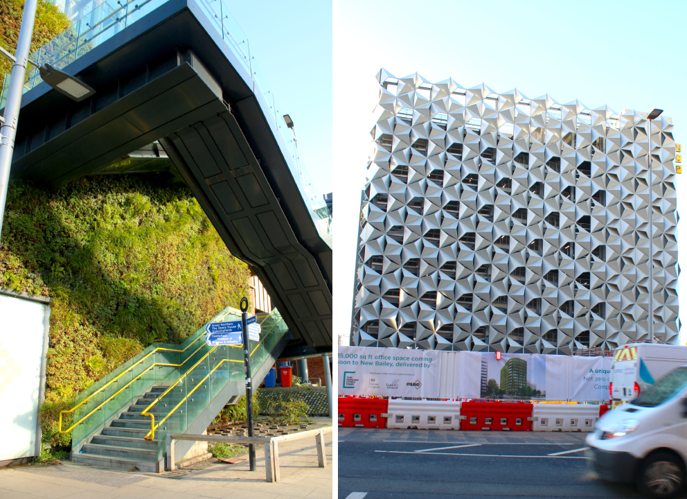 Green wall at Deansgate Metro Station and construction of the New Bailey office with a planned green facade
