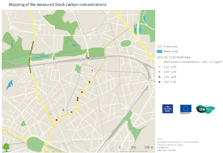 Example of mapping focusing on one trip and the measured black carbon concentrations of it