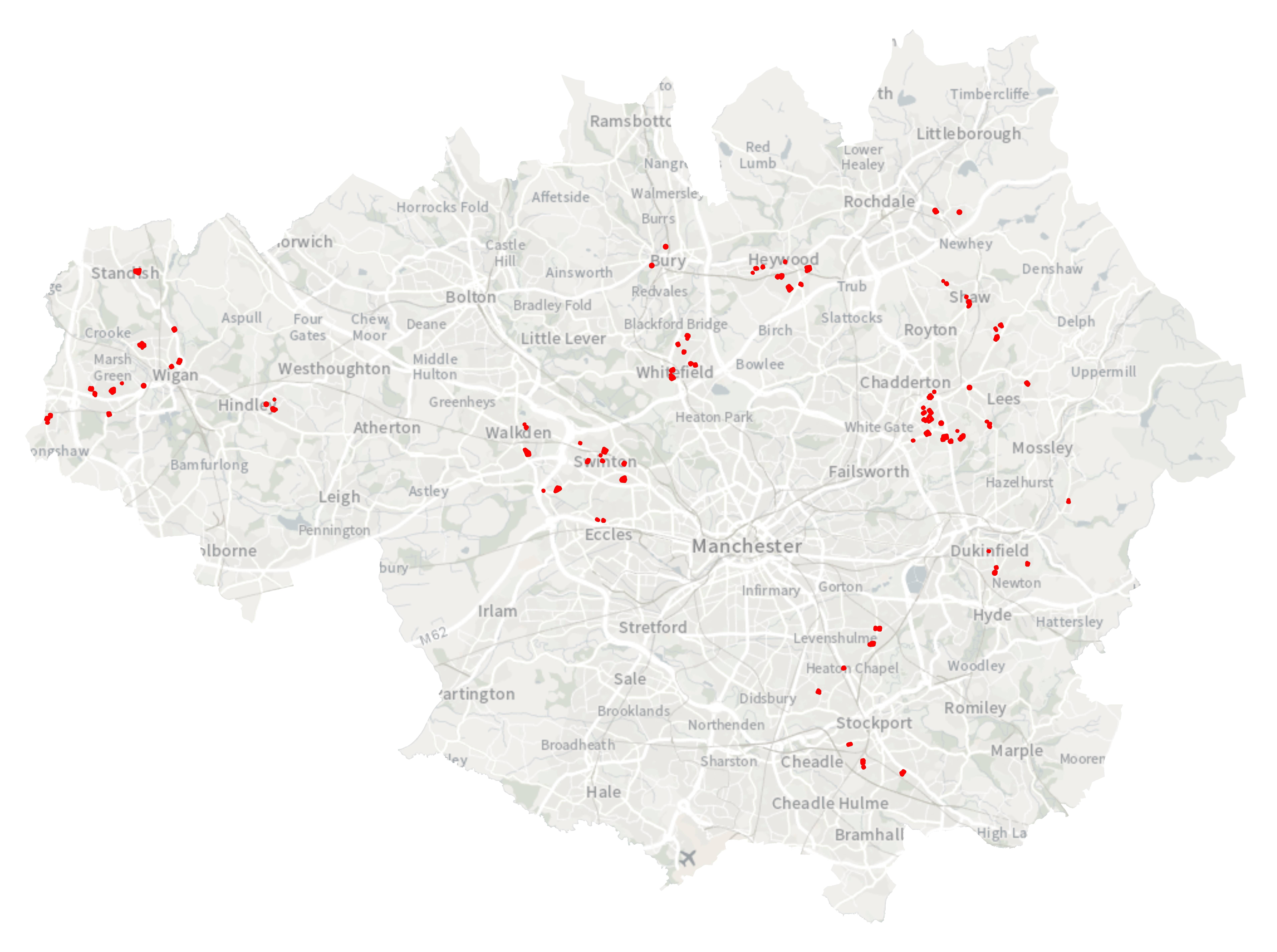 Map of Greater Manchester with 111 selected sites 