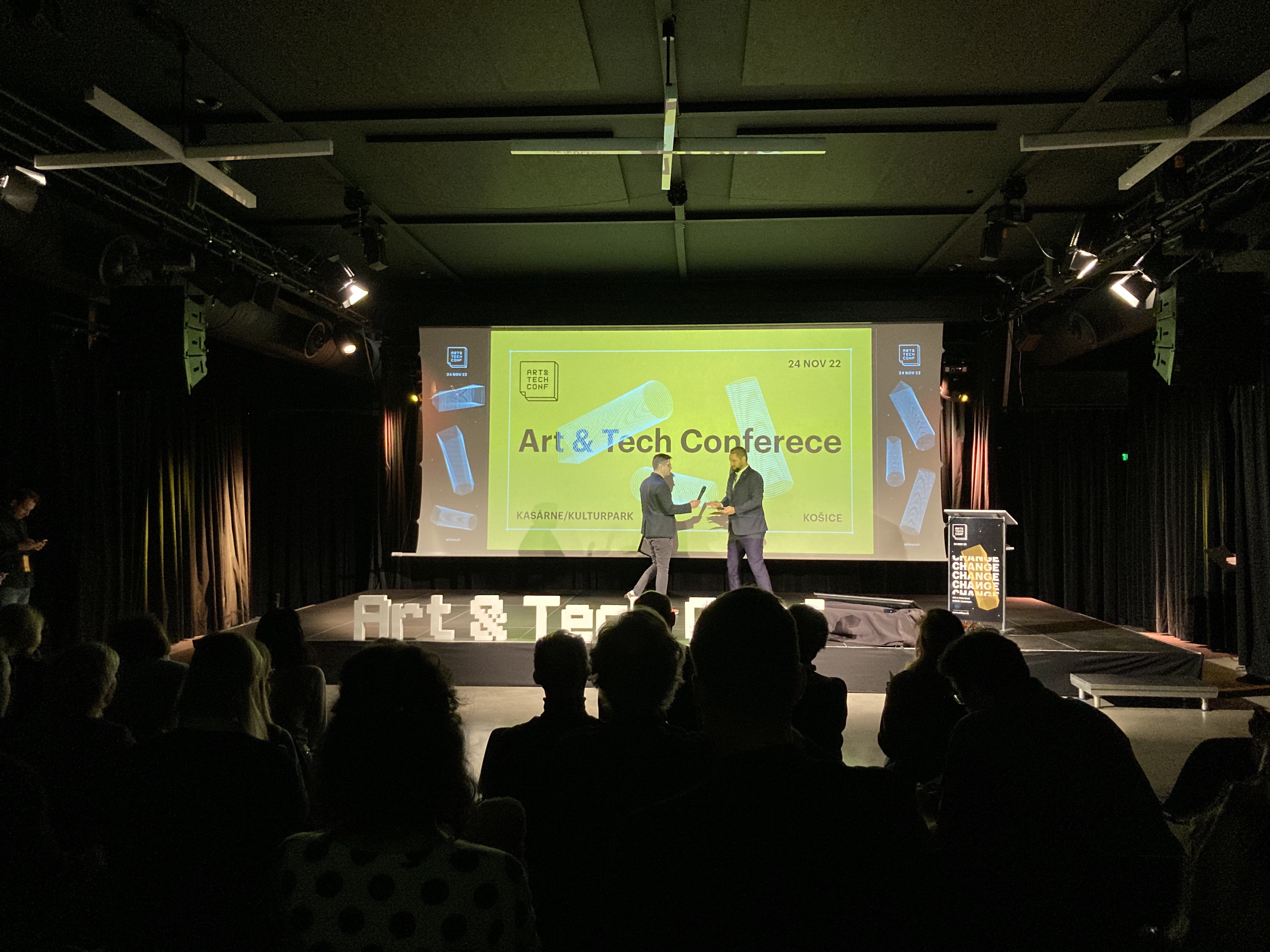 DIrector of CIKE, Michal Hladky, welcomes the Vice Mayor of Kosice at the opening of the Art&Tech Days Conference.