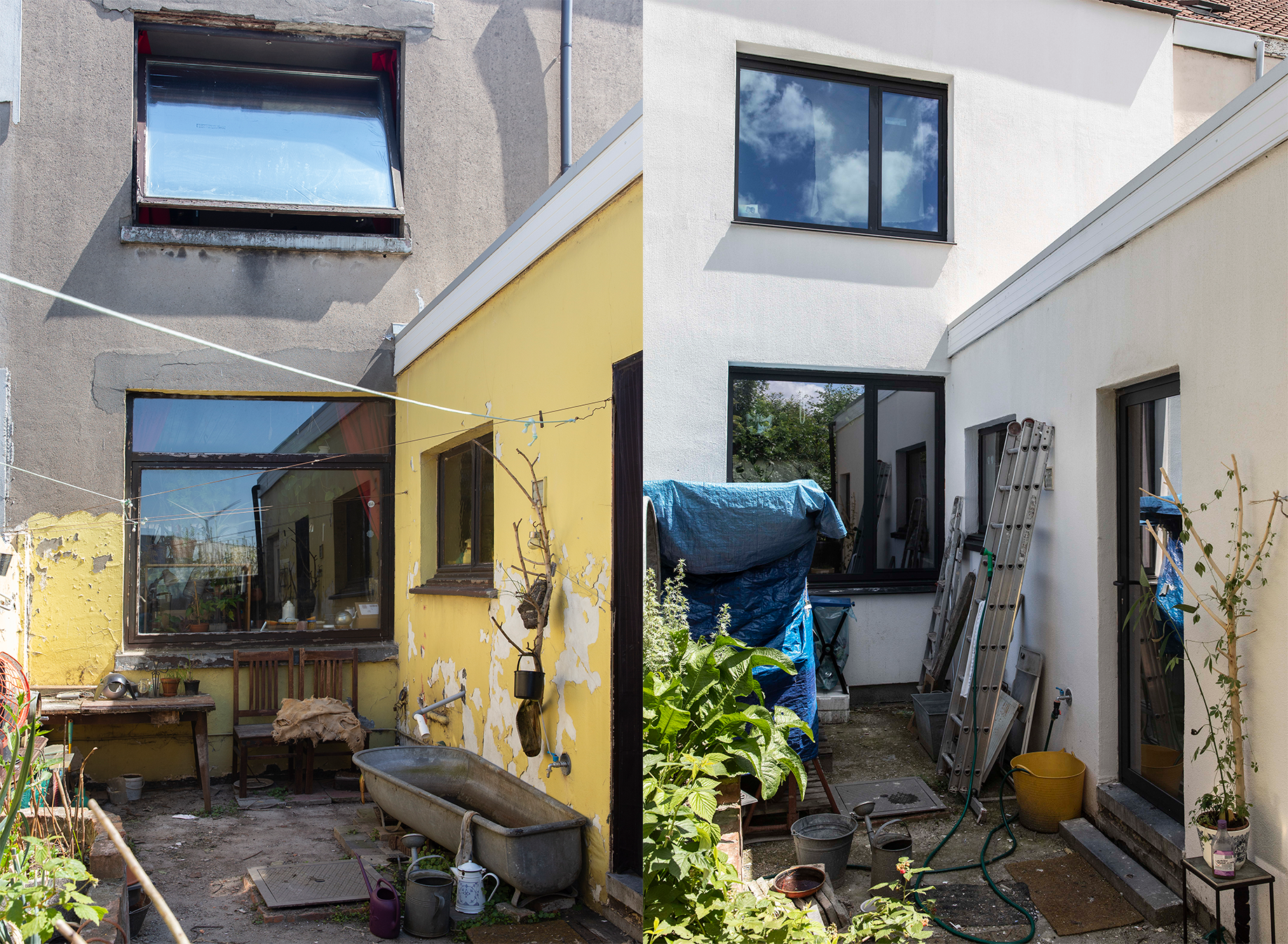 	Before and after renovation: new glazing and thermal insulation of the walls. 