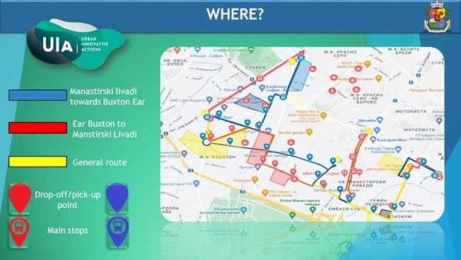 Figure 1: Lines, regular stops and door-to-door service areas (shaded) of the on-demand minibus service in the Manastirski Livadi district of Sofia (Source: Sofia Municipality)