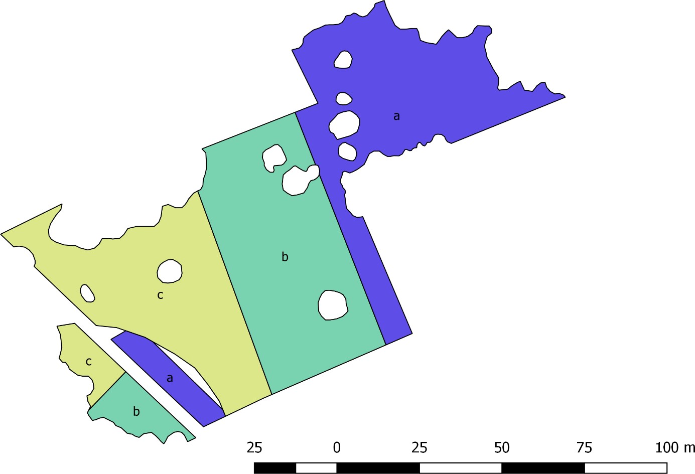 Map 1: The ranges of the three treatment types (variants a, b and c) on the new planting at Radvanice