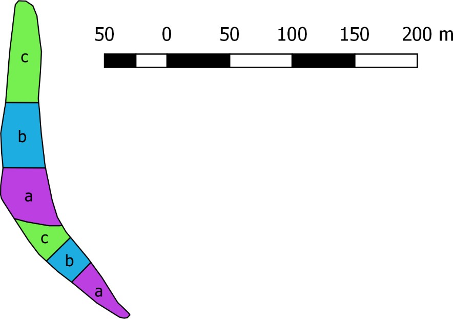 Map 2: The ranges of the three treatment types (variants a, b and c) on the new planting at Bartovice