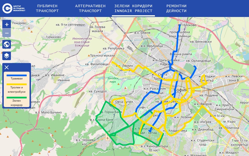 Figure 1:  Digital map indicating public, shared and active travel options in Sofia