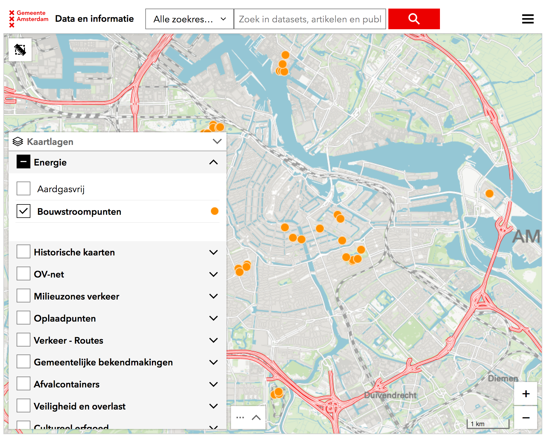 Map screenshot of the public supply points by SBPF/ NRG Accounting (available online: https://www.amsterdam.nl/wonen-leefomgeving/openbare-stroompunten/)