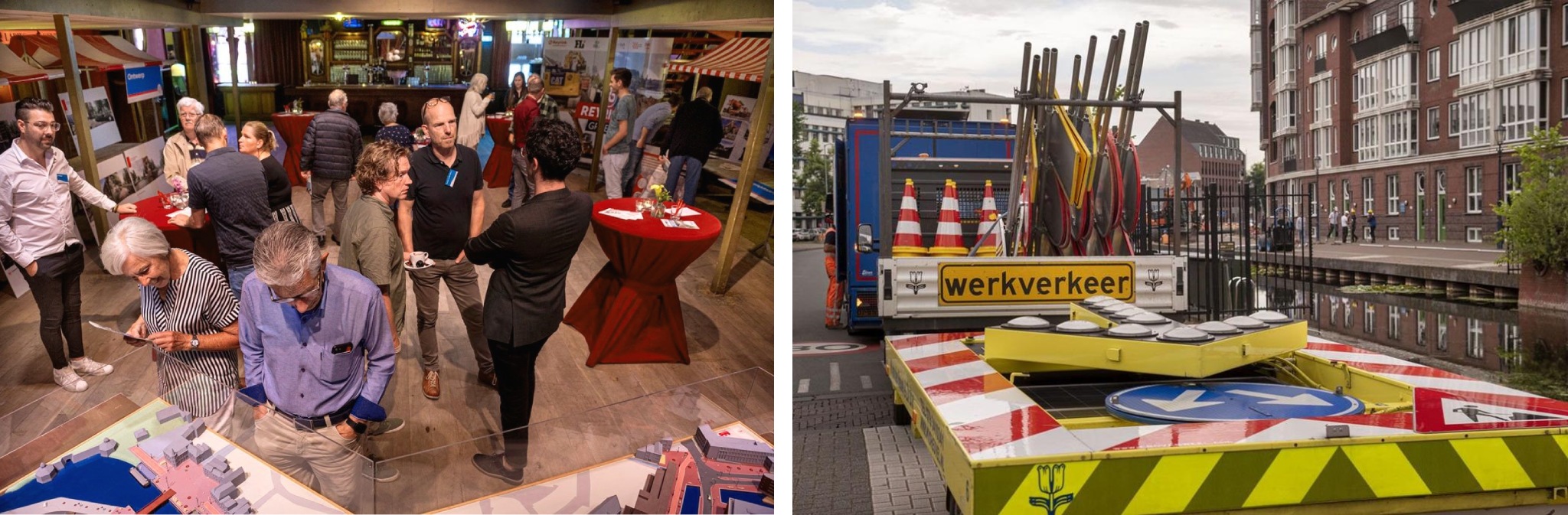 citizens at information event (left), vehicle with construction material (right)