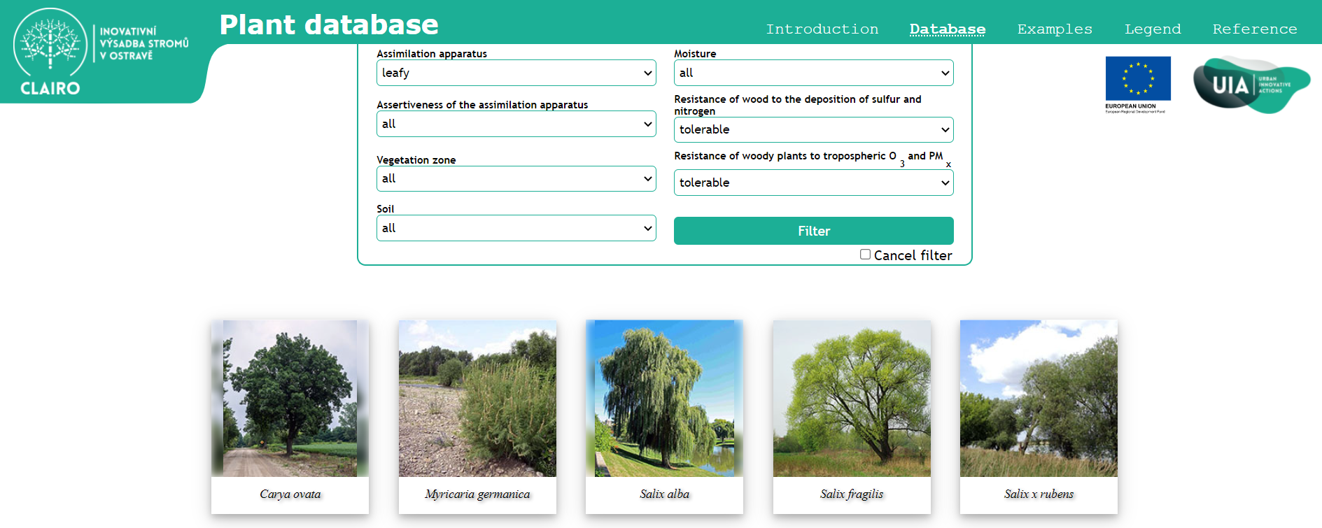 Online Plant Database of CLAIRO listing species suitable for cutting back pollution exposure