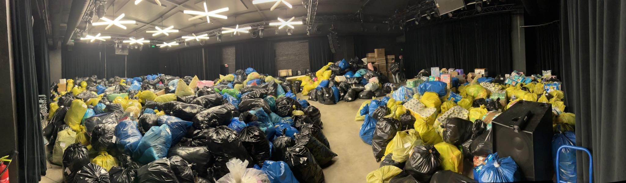 Emergency and relief items collected at the main event space of the project.