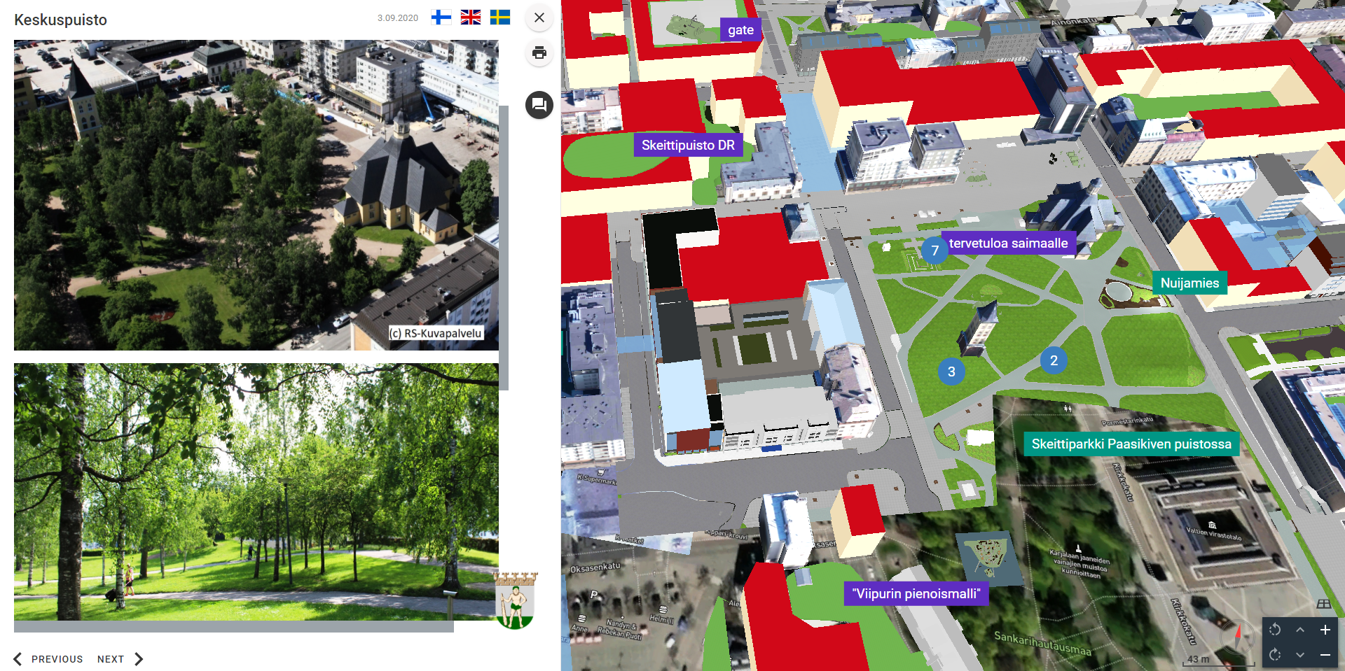 The screen from software - the model presents an idea of Lappeenranta in 2050 with using AR technology (overview for a part of city)
