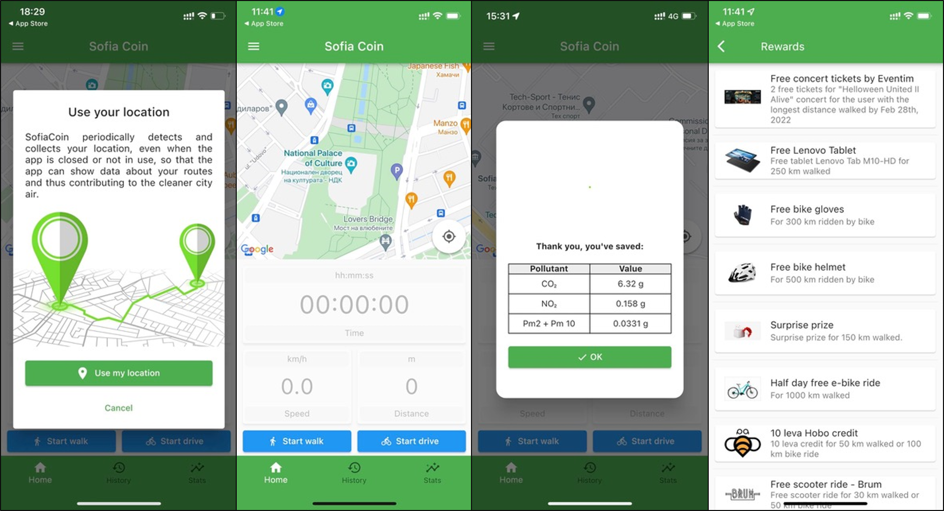 Figure 3:  Dashboard of the Sofia Coin mobile app developed by the INNOAIR project to incentivise the shift to active and soft mobility modes such as walking and cycling
