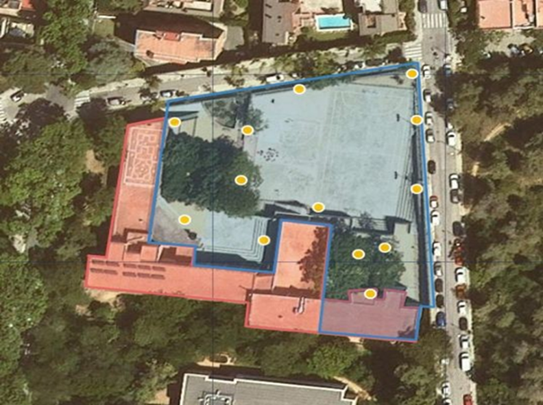 Monitoring spots at the schoolyard (yellow dots)