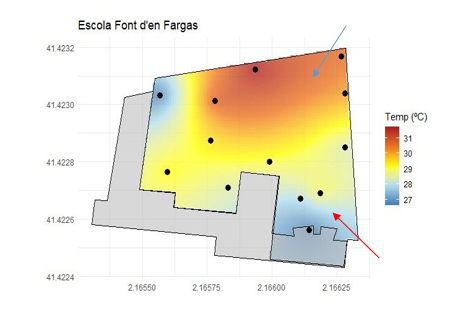 Figure 2. (b) Spatial depiction of the air temperature field in the schoolyard, prior to the project’s interventions. (Source: ISGlobal).