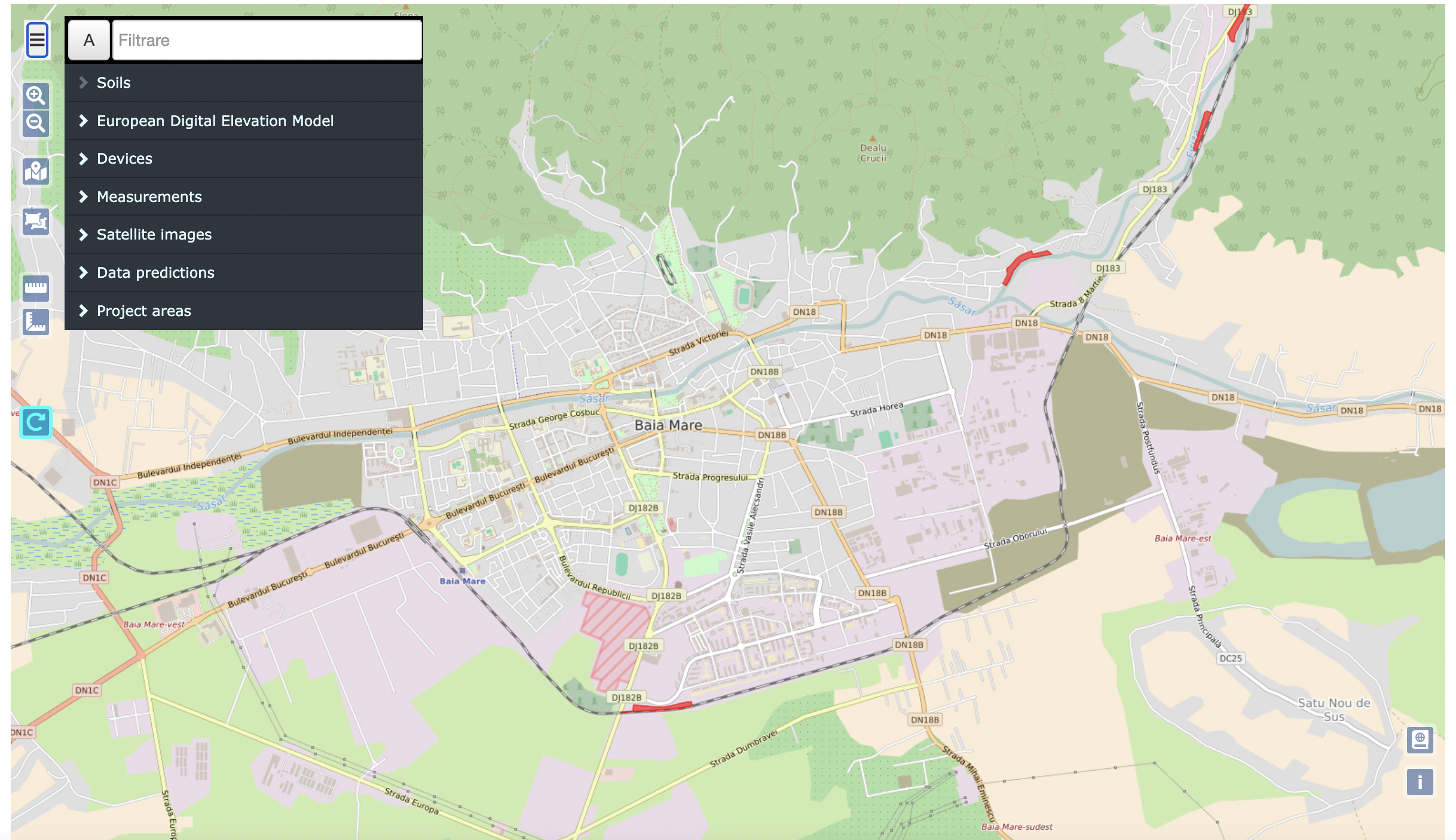 Fig. 3: Baia Mare and the 5 pilot sites to be recovered through NBS (in red). Source: 