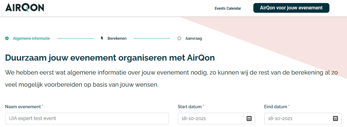 Step 1 in AIRQON calculator filled with an example of general information of an event