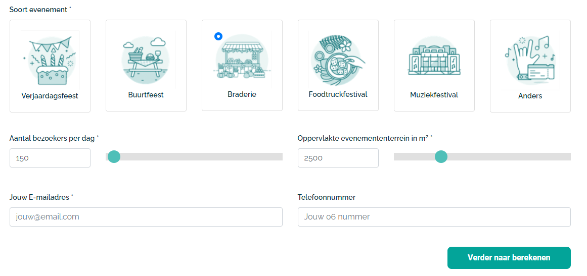 Step 1 in AIRQON calculator filled with an example of a small event: a fair (braderie, in Dutch) expecting 150 attendees and with a surface of 2,500 m2