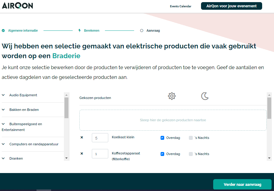 Step 2 in AIRQON calculator with a list of selected devices to be powered in an example of small event 