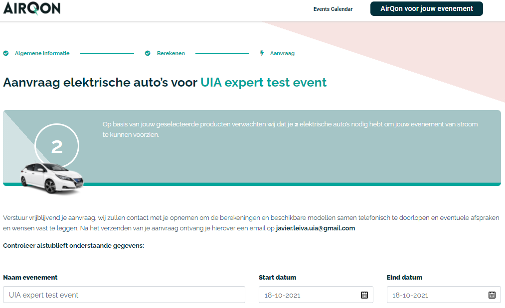 Step 3 in AIRQON calculator with an estimation of 2 electric cars needed to power an example of small event