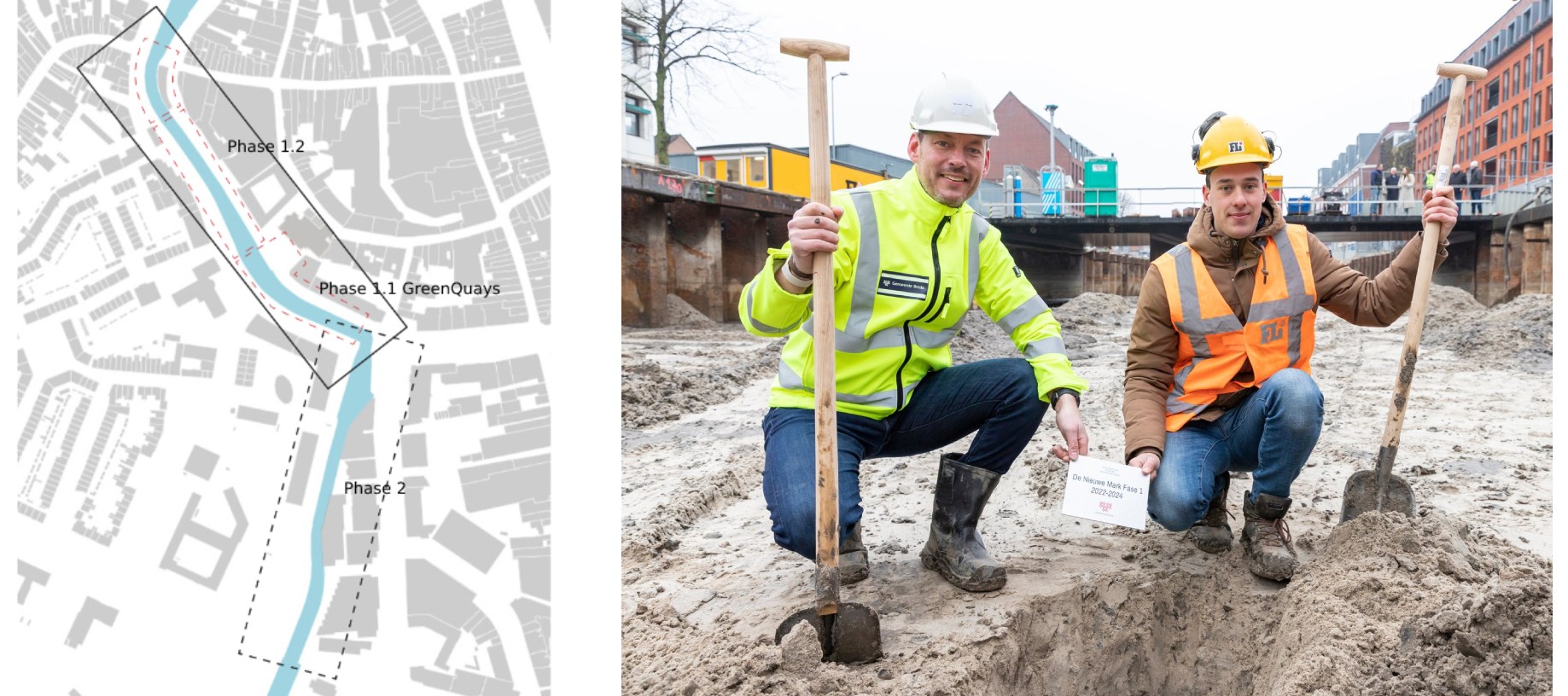 Map of the phases of the GreenQuays and river Mark construction (left) alderman (right)