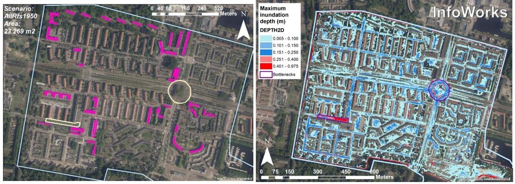 Potential locations of BG roofs (left) to reduce modelled  flood risk (right) 