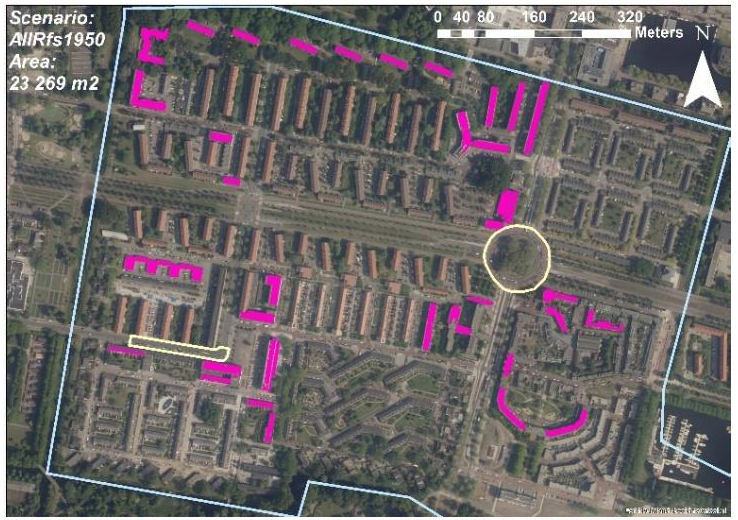 Figure 4. Quick scan of suitable rooftops for BG roofs. The quick scan selected all roofs build after 1950 with a suitable slope and size [1]