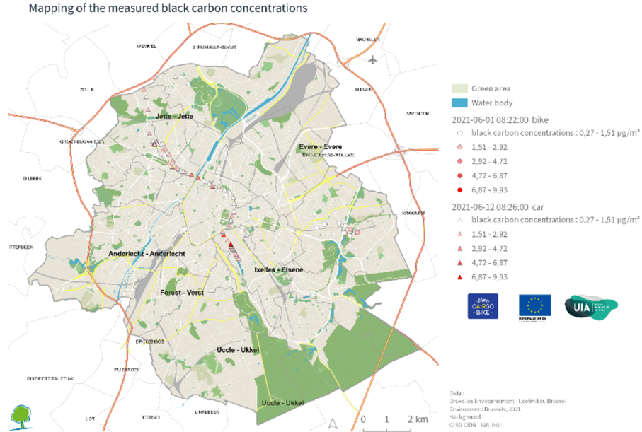 Example of a general mapping of all the different participants’ trips and the black carbon concentrations she / he measured during these travels