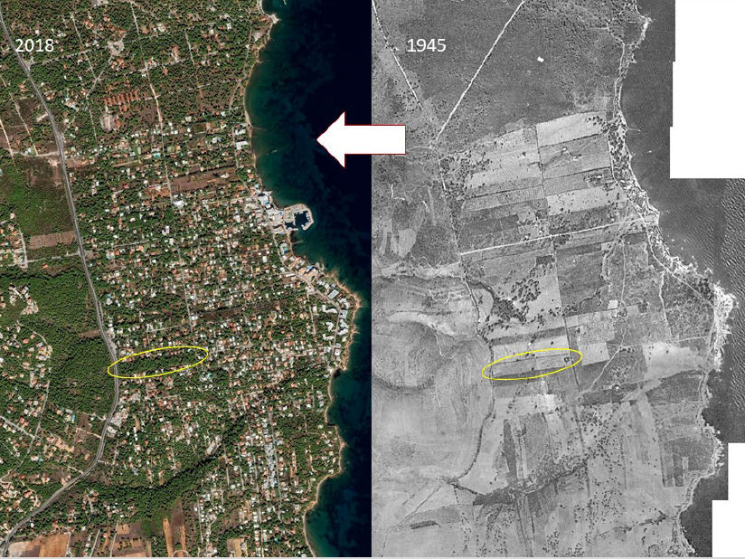 Left image: The Mati area in Greece before the devastating fire of July 2018. Highly-populated residential area close to the sea side. Right image: the same area around 70 years before, dominated by crop fields (© David Caballero).