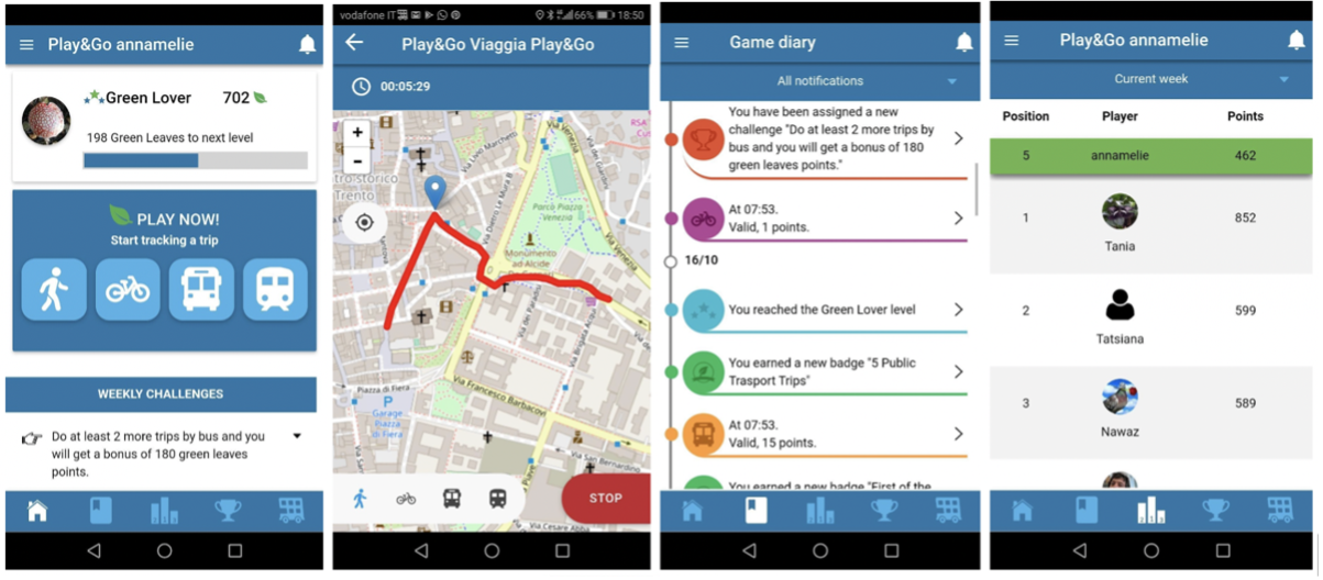 Figure 6 - Home page and main functionalities of the Ferrara Play&Go App. Source: Bucchiarone, Bassanelli, Marconi (2022)