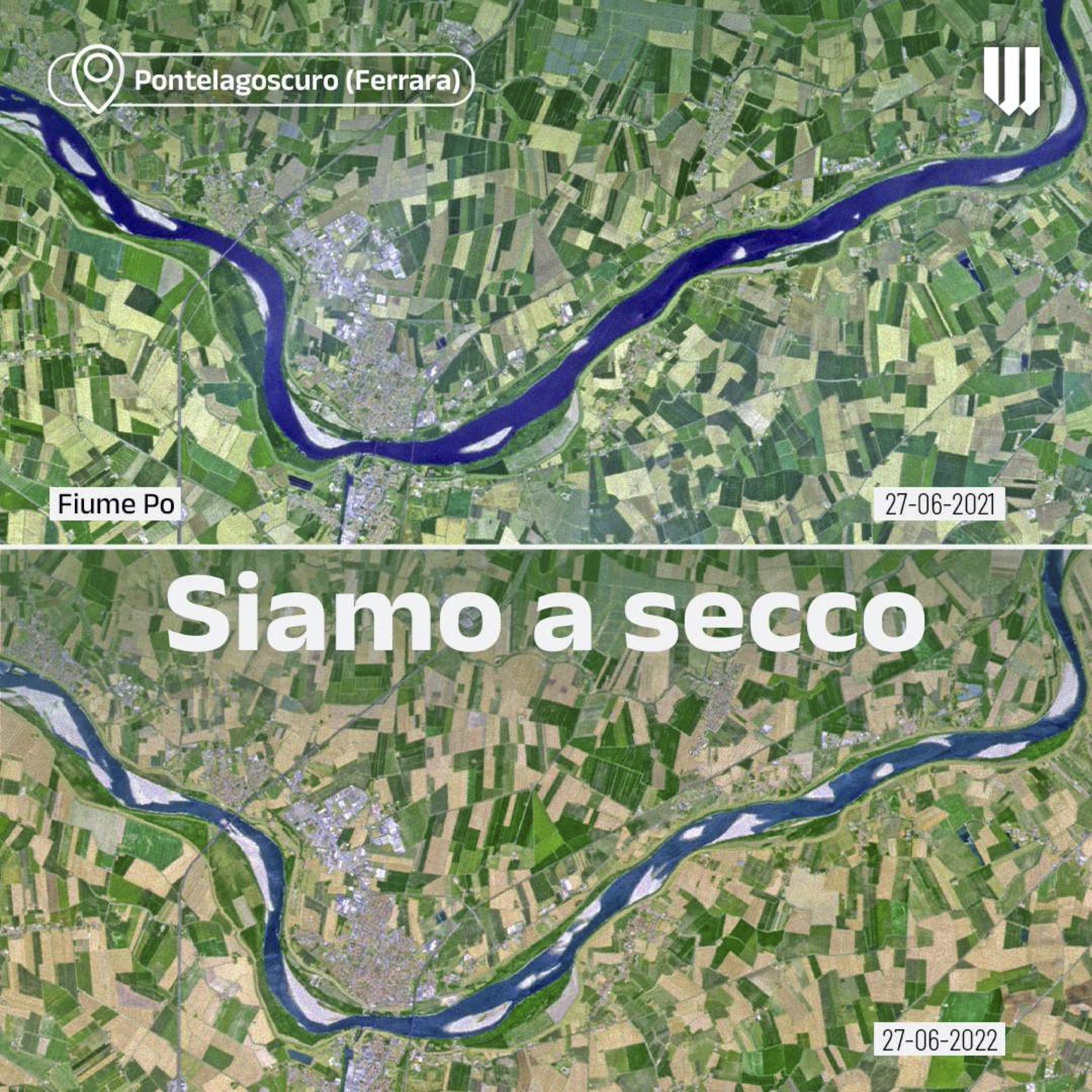 Figure 20 - Satellite images by Copernicus' Sentinel-2 of the Po river area around Ferrara in June 2021 and June 2022, documenting dramatically increased drought in the region. Source: Will Media https://www.linkedin.com/feed/update/urn:li:activity:69500445186750