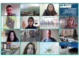 Picture representing people discussing during online meeting and views of Sofia