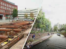 Left: construction work on the quays. right: visualisation of greened quays