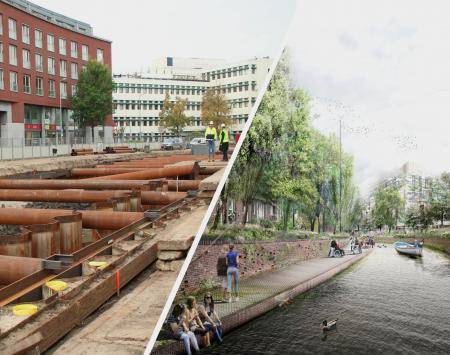 Left: construction work on the quays. right: visualisation of greened quays