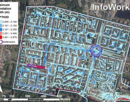 Inundation depths and bottleneck locations (in purple) during Rainproof event in Slotermeer